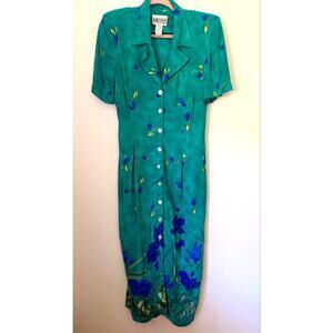 Vintage 90s SL Fashion Teal Blue Floral Midi Dress Small Med Boho Cottage Elaine